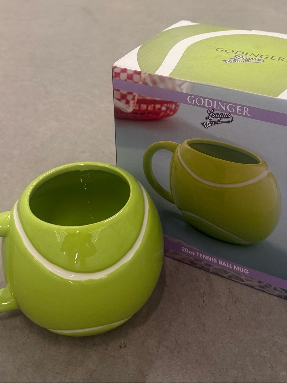 Godinger Ceramic Green Tennis Ball Shaped Coffee Mug in Gift Box  20 oz. NIB